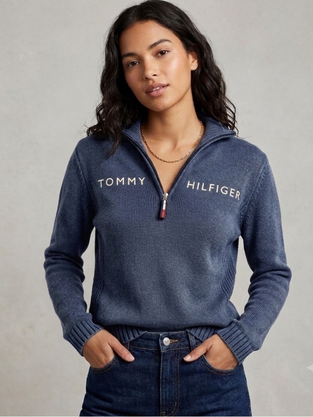 VTG Tommy Hilfiger Y2K Navy 1/4 Zip Sweater Preppy Size Large.